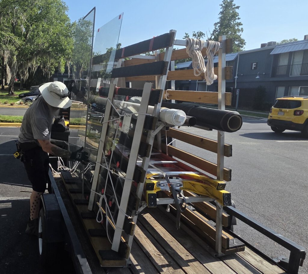 Loading glass on the Breezy trailer rack
