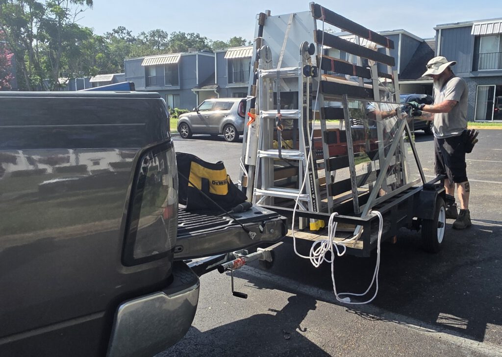 The Breezy Glass truck and trailer at a job in North Central Florida