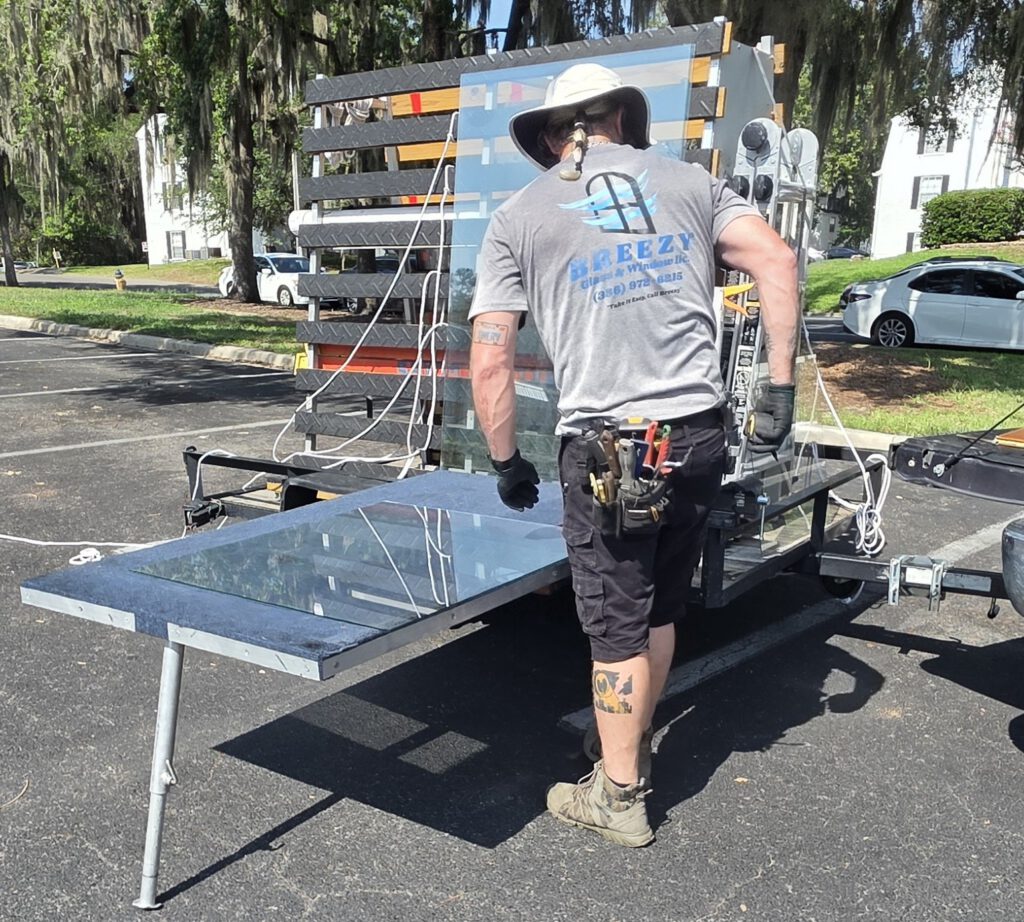 Custom glass cut to size on the Breezy work trailer